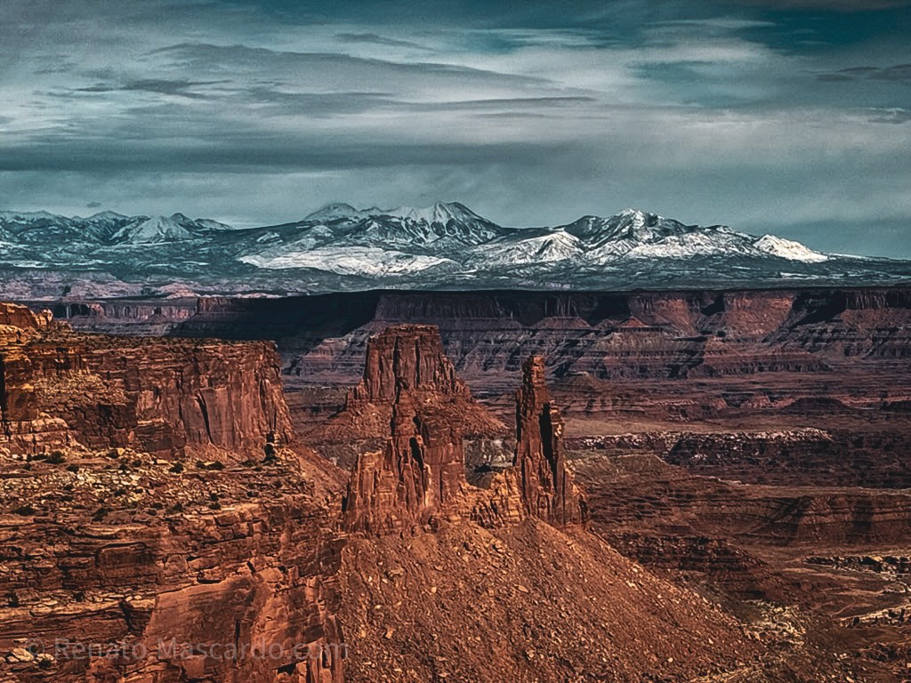 A panoramic view of the rugged canyons and towering rock formations of Canyonlands National Park, with distant snow-capped mountains under a moody sky.