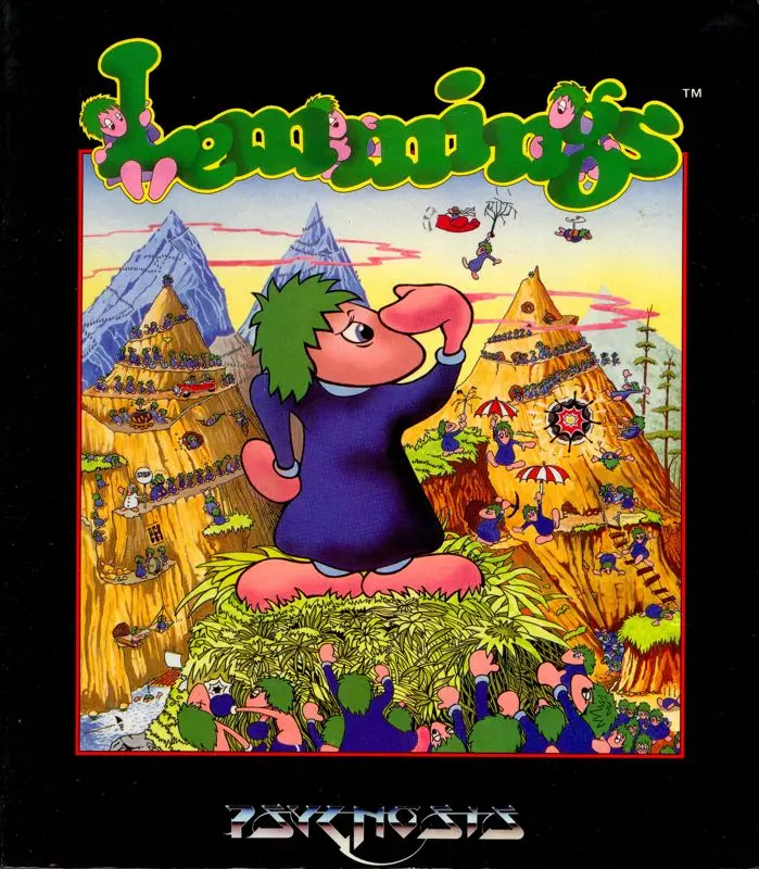 Cover art for the video game Lemmings, featuring colorful cartoon-style characters, including a central green-haired lemming in a blue robe and various lemmings engaging in activities on a vibrant landscape with hills and obstacles.