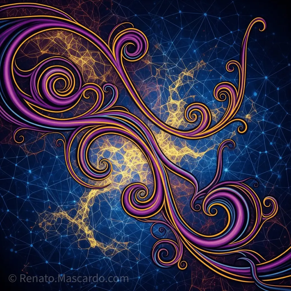 An abstract digital artwork featuring swirling purple and golden lines set against a dark blue background, reminiscent of intricate neural connections.