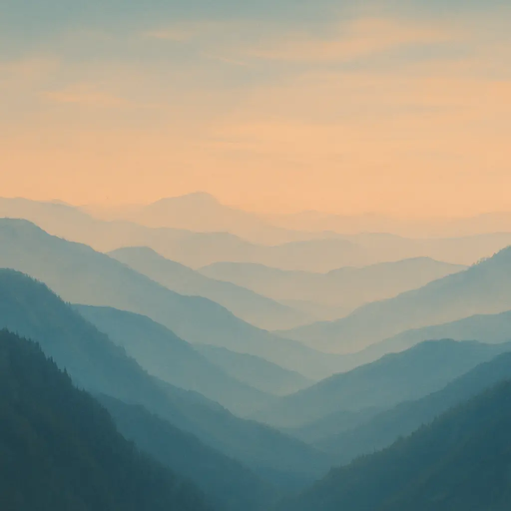 A serene view of layered mountains under a pastel sky at dusk, showcasing a gradient of blue and soft orange hues.