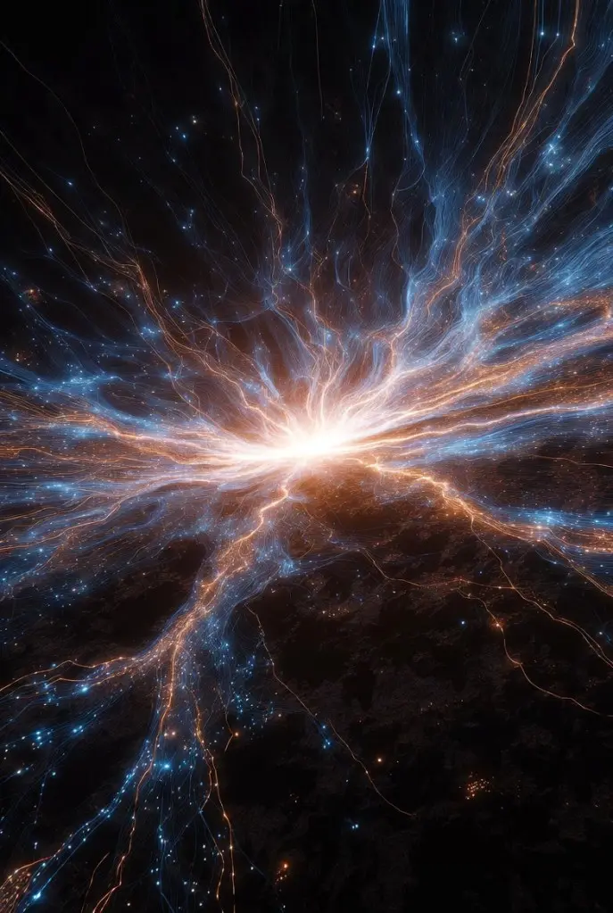 A dynamic, abstract visual representation of light beams radiating outward from a central bright source, showcasing vibrant blue and orange colors against a dark background.