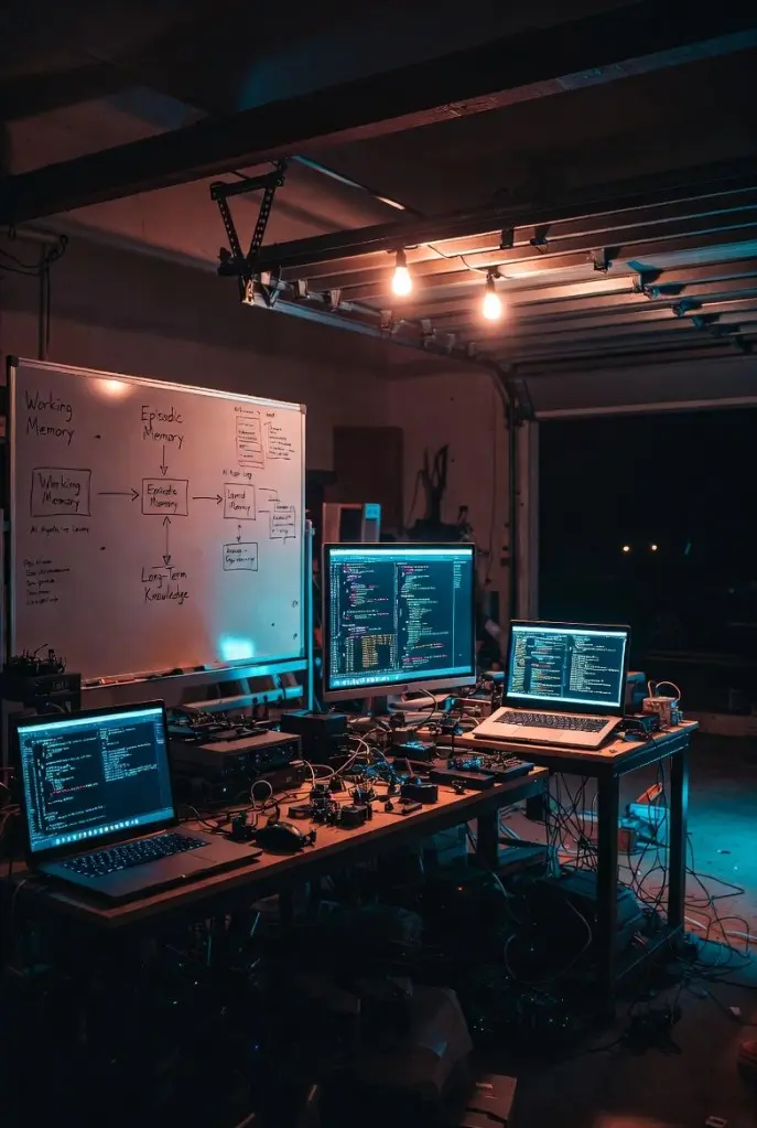 A dimly lit garage workspace featuring multiple computer monitors displaying code, a whiteboard with memory concepts, and scattered electronic components.