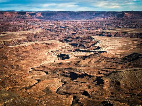 A panoramic view of rugged canyons and mesas in Canyonlands National Park, showcasing the vast and dramatic landscape under a clear sky.