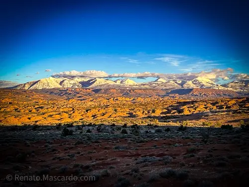 A panoramic view of the Utah landscape at sunset, featuring snow-capped mountains in the distance and a terrain of golden rock formations and sparse vegetation.